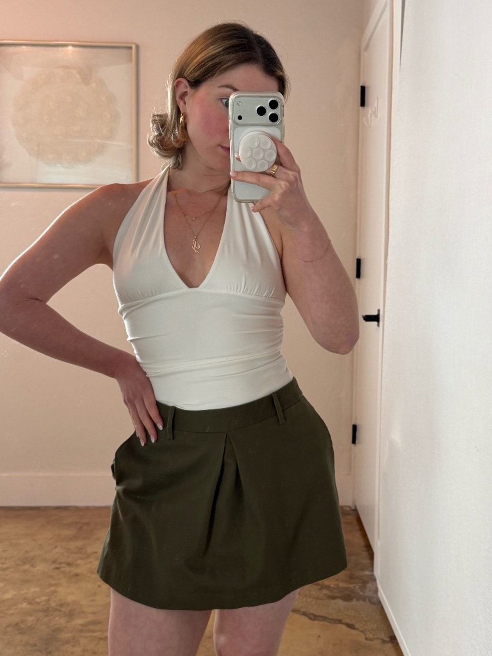 Zara Olive Green High-Waisted Pleated Skort